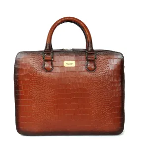 Tan Office Briefcase with Organizer Compartment in Deep Cut Croco Leather