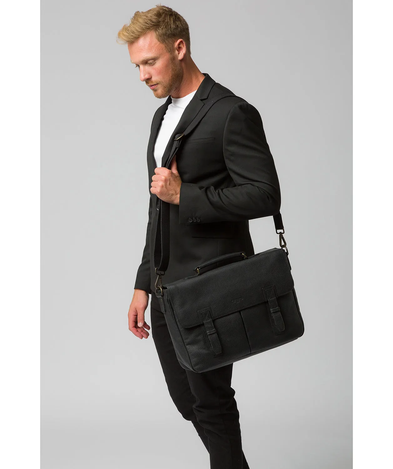 'Task' Black Leather 14-Inch Laptop Briefcase