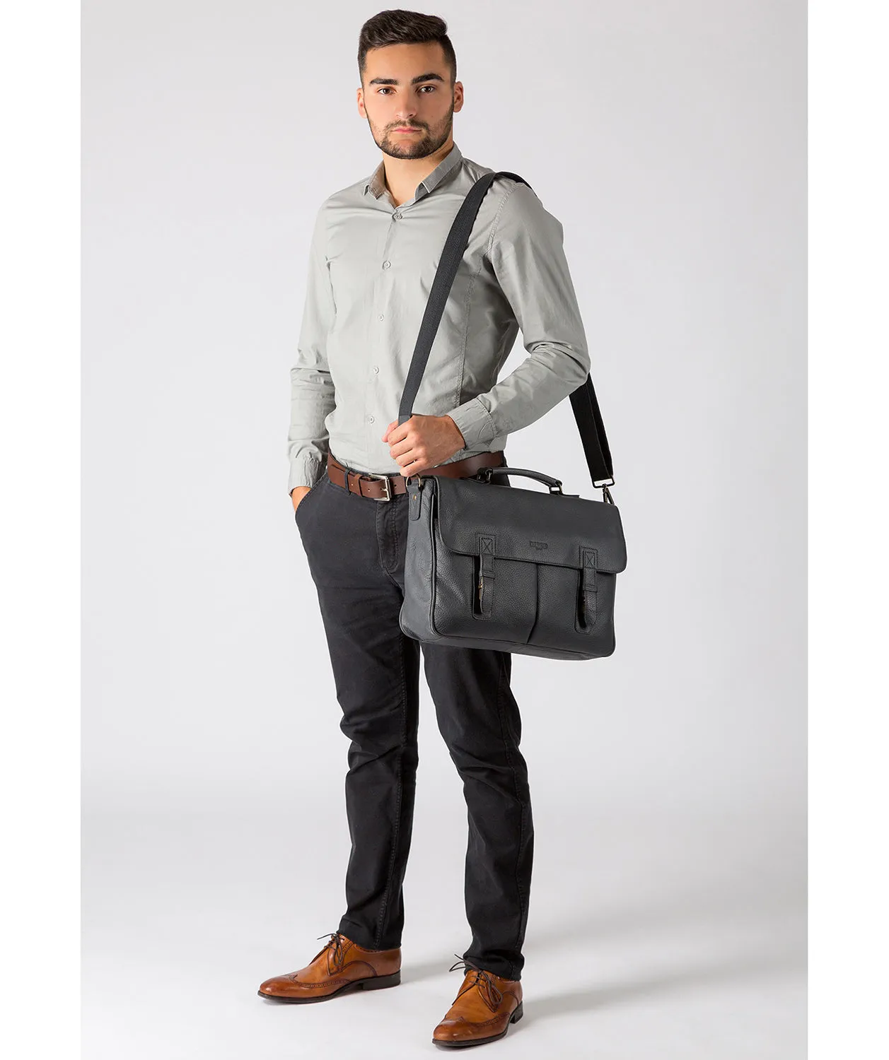 Task' Cool Grey Leather 14-Inch Laptop Briefcase