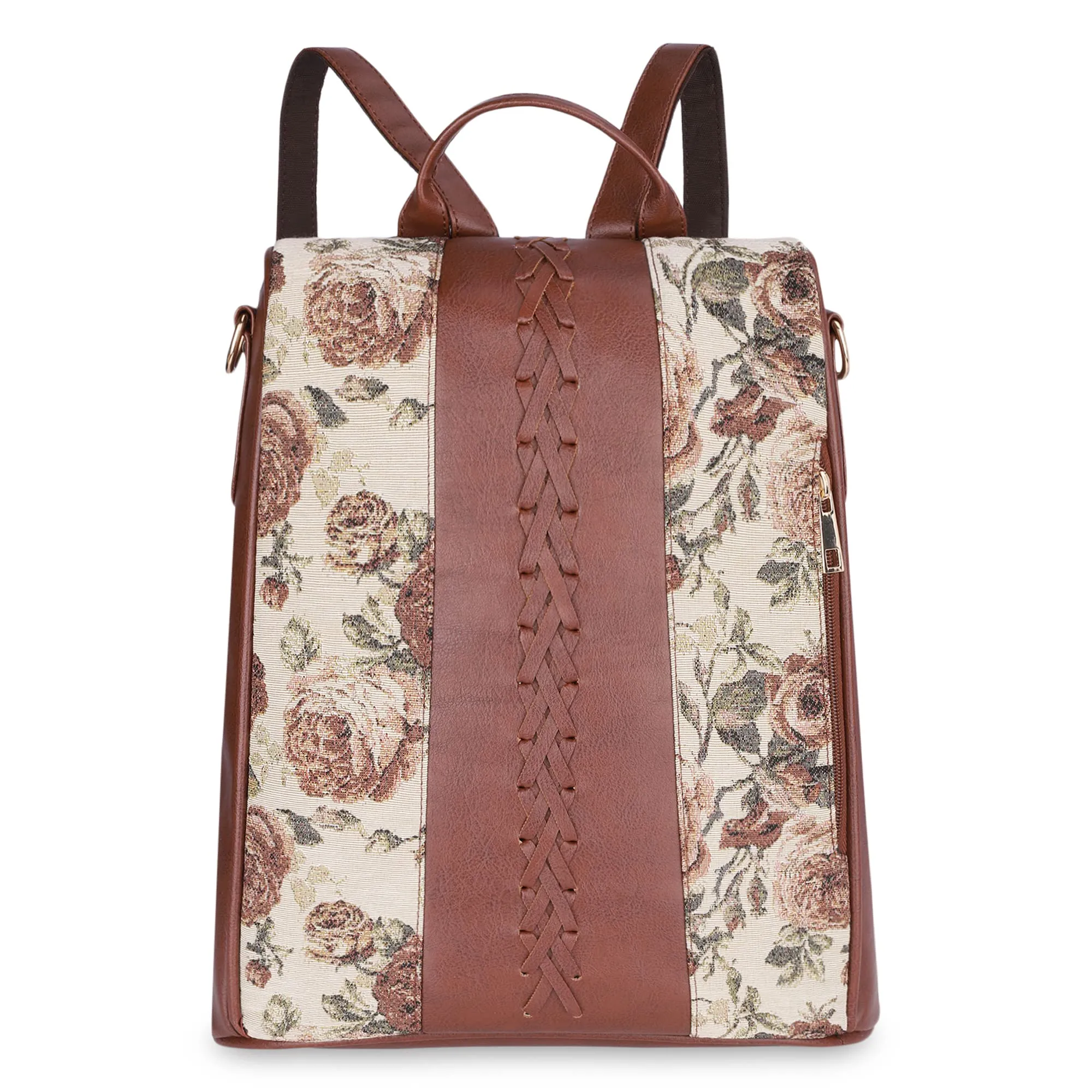 THE CLOWNFISH 10.5 Litres Akaya Collection Tapestry Fabric & Faux Leather Anti-Theft Back Open Style Womens Backpack Travel Backpack For College Going Girls - Brown-Floral