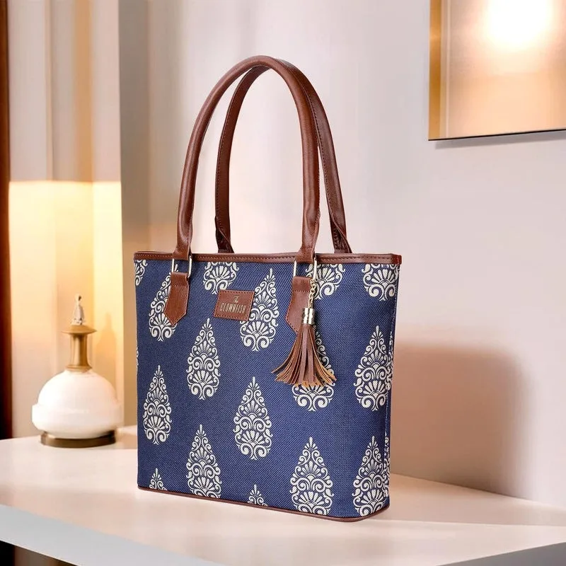 THE CLOWNFISH Aviva Printed Handicraft Fabric Handbag for Women Office Bag Ladies Shoulder Bag Tote for Women College Girls (Navy Blue)