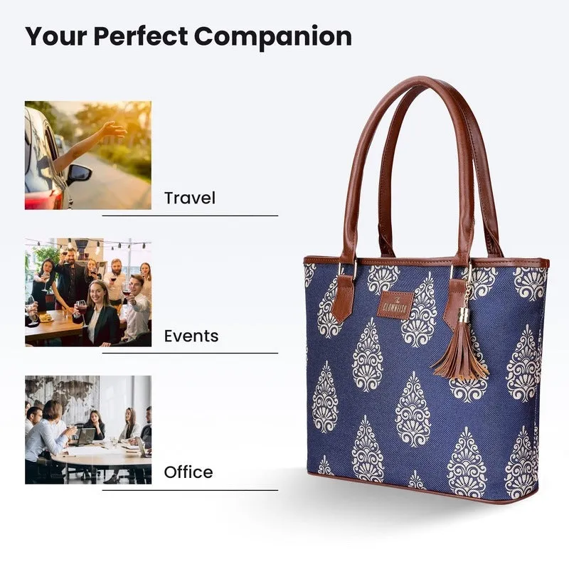 THE CLOWNFISH Aviva Printed Handicraft Fabric Handbag for Women Office Bag Ladies Shoulder Bag Tote for Women College Girls (Navy Blue)