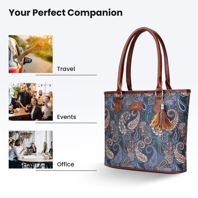 THE CLOWNFISH Aviva Printed Handicraft Fabric Handbag for Women Office Bag Ladies Shoulder Bag Tote for Women College Girls (Peacock Blue)