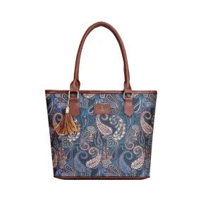 THE CLOWNFISH Aviva Printed Handicraft Fabric Handbag for Women Office Bag Ladies Shoulder Bag Tote for Women College Girls (Peacock Blue)