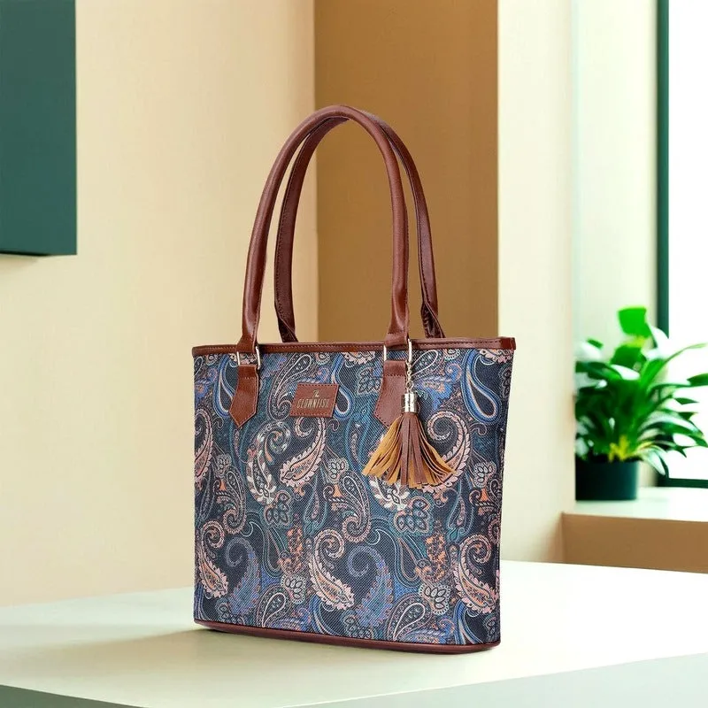 THE CLOWNFISH Aviva Printed Handicraft Fabric Handbag for Women Office Bag Ladies Shoulder Bag Tote for Women College Girls (Peacock Blue)