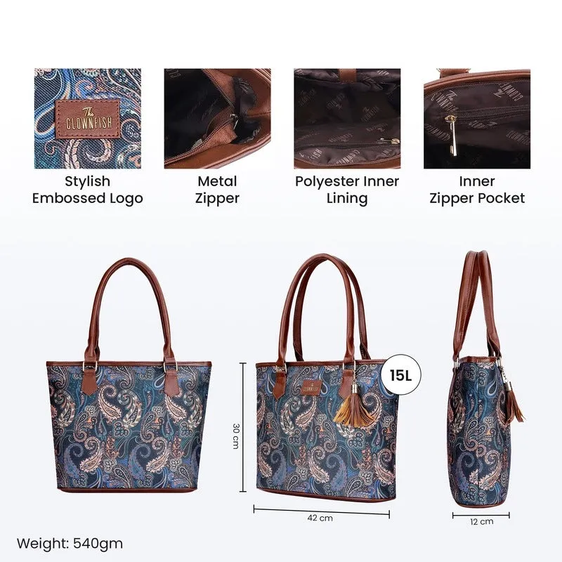 THE CLOWNFISH Aviva Printed Handicraft Fabric Handbag for Women Office Bag Ladies Shoulder Bag Tote for Women College Girls (Peacock Blue)