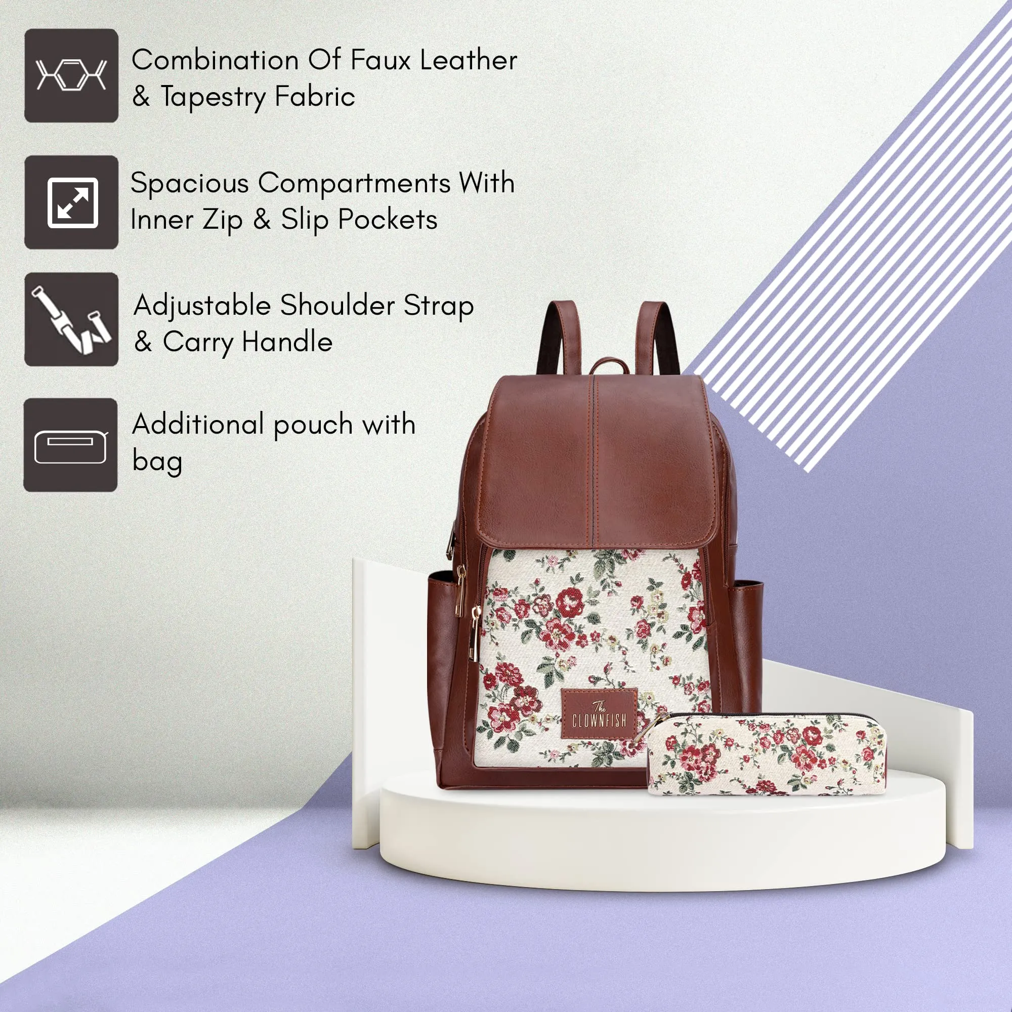 THE CLOWNFISH Combo Of Minerva Faux Leather & Tapestry Women's Backpack College School Girls Bag Casual Travel Backpack For Ladies & Expert Series Pencil Pouch Pen Case (White-Floral)