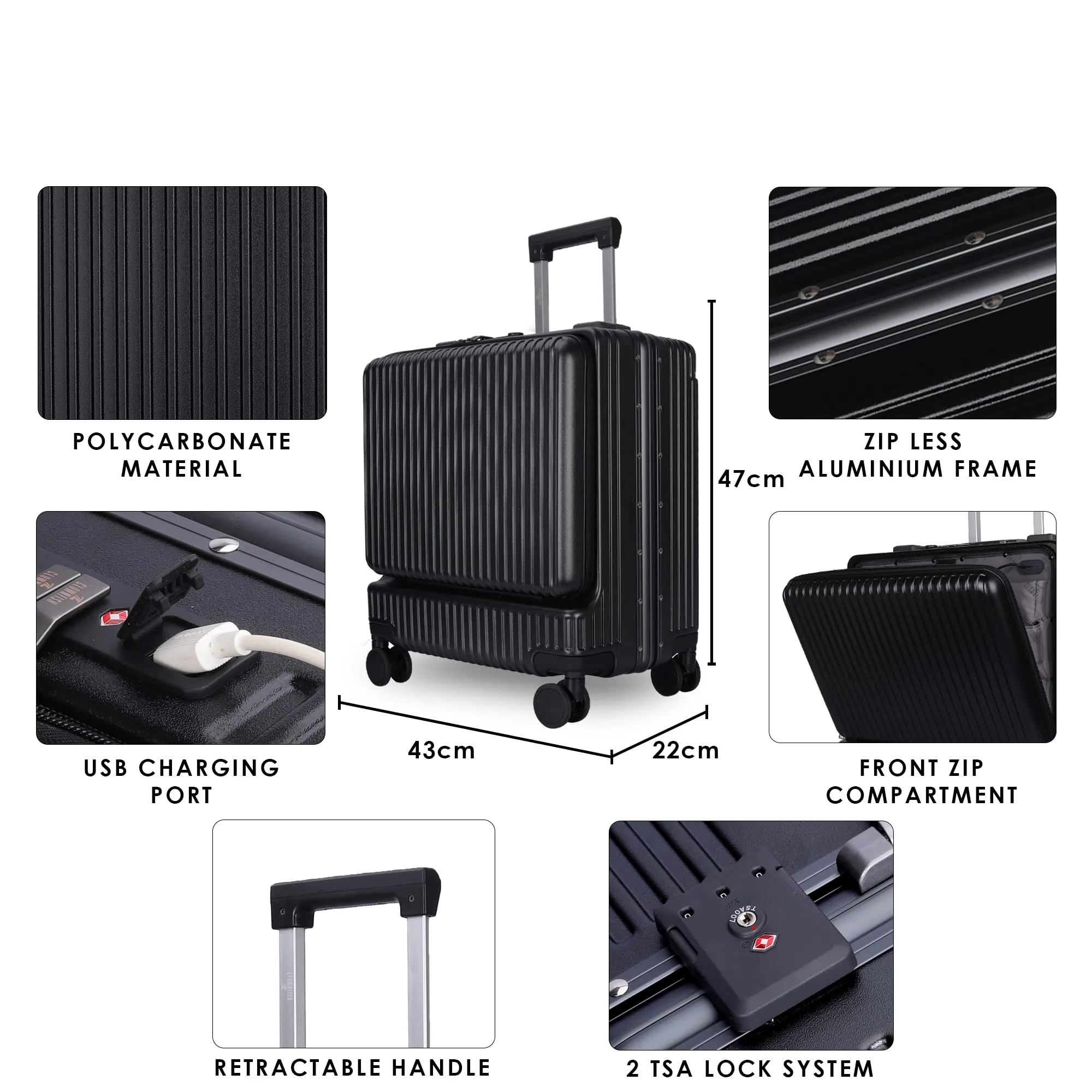 THE CLOWNFISH Jetsetter Series Carry-On Luggage Polycarbonate Hard Case Suitcase Eight Spinner Wheel 14 Inch Laptop Trolley Bag With Tsa Lock & Usb Charging Port-Dark Grey (47 Centimeters-18.5 Inch)