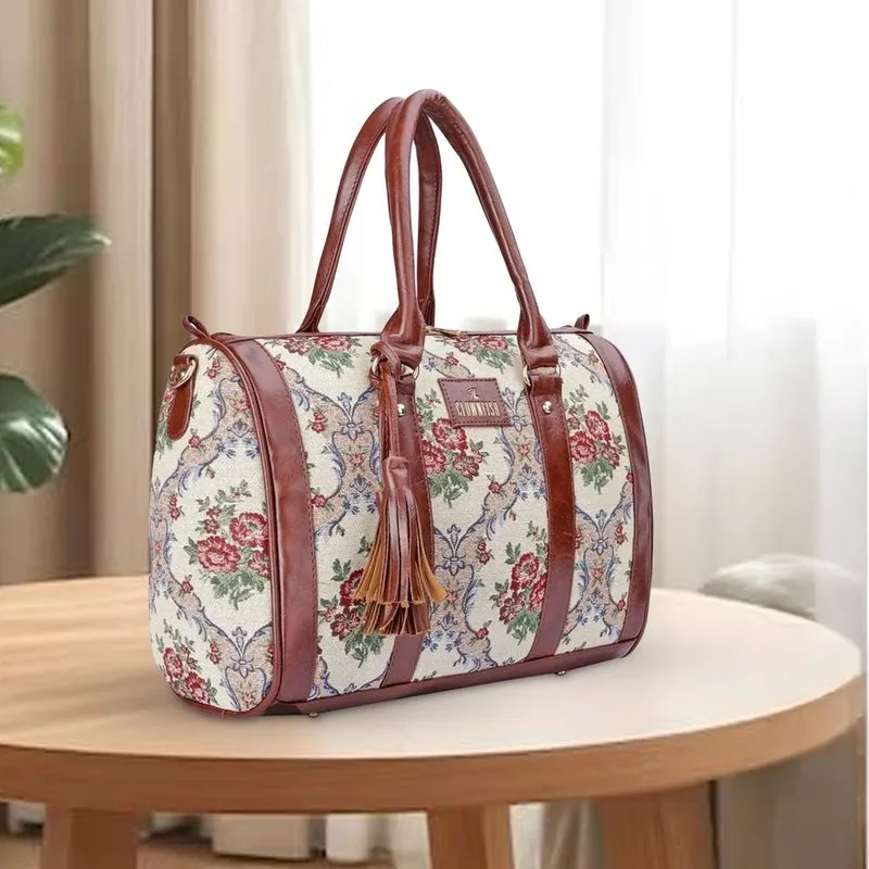 THE CLOWNFISH Lorna Tapestry Fabric & Faux Leather Handbag Sling Bag for Women Office Bag Ladies Shoulder Bag Tote For Women College Girls (Magenta-Floral)