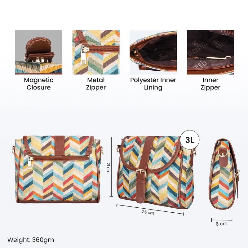 THE CLOWNFISH Madeline Printed Handicraft Fabric Handbag for Women Sling Bag Office Bag Ladies Shoulder Bag with Snap Flap Closure Tote For Women College Girls (Multicolour-Wave Design)