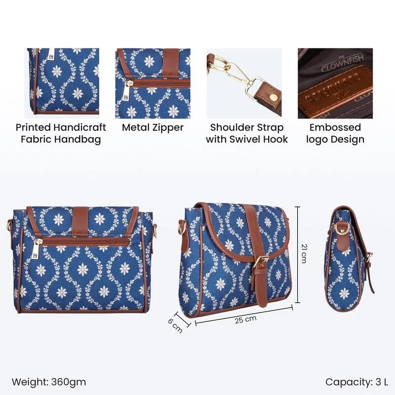 The Clownfish Madeline Printed Handicraft Fabric Handbag for Women Sling Bag Office Bag Ladies Shoulder Bag with Snap Flap Closure Tote For Women College Girls (Royal Blue)