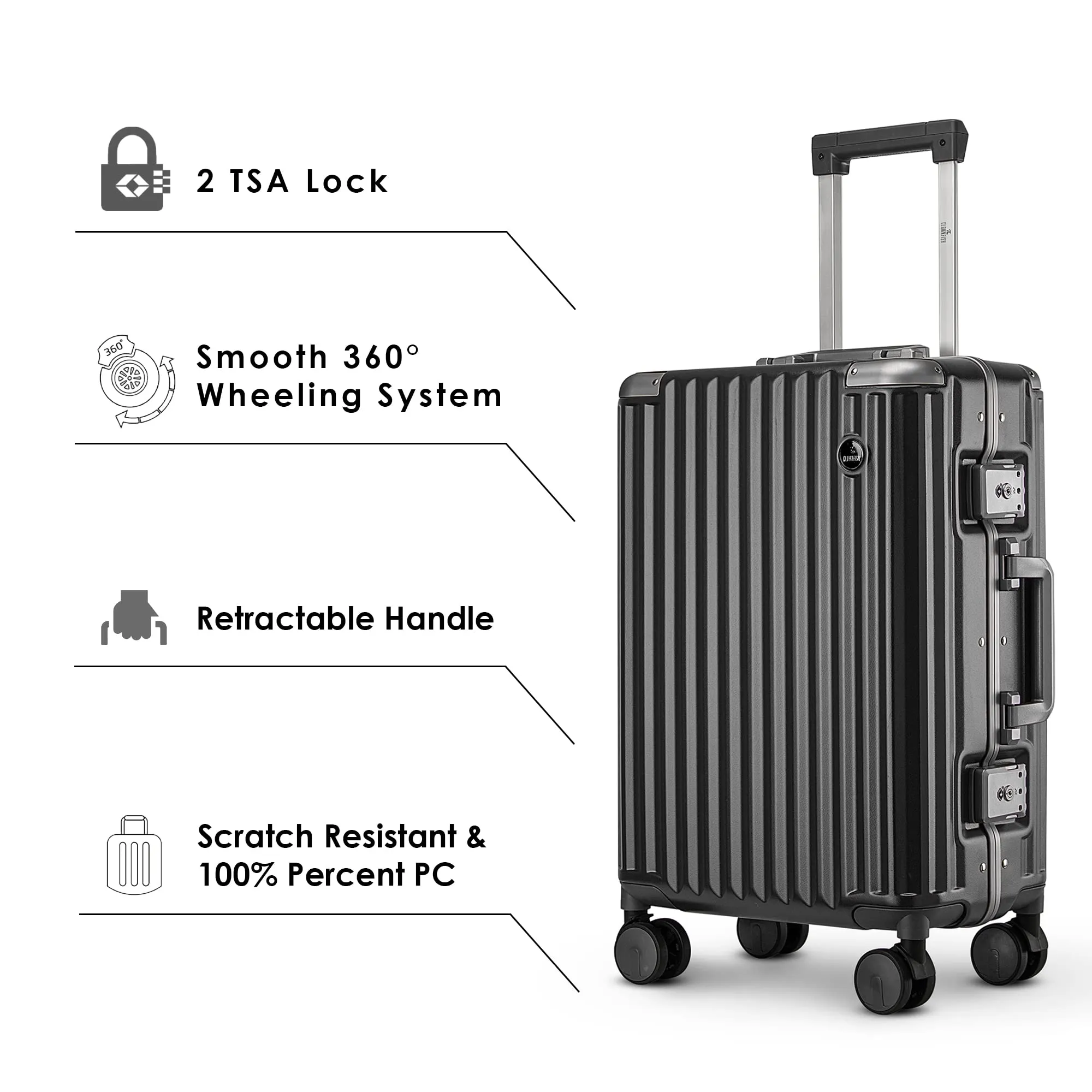 THE CLOWNFISH Stark Series Luggage PolyCarbonate Hard Case Suitcase Eight Wheel Trolley Bag with Double TSA Locks- Sooty Black (Small size, 57 cm-22 inch)