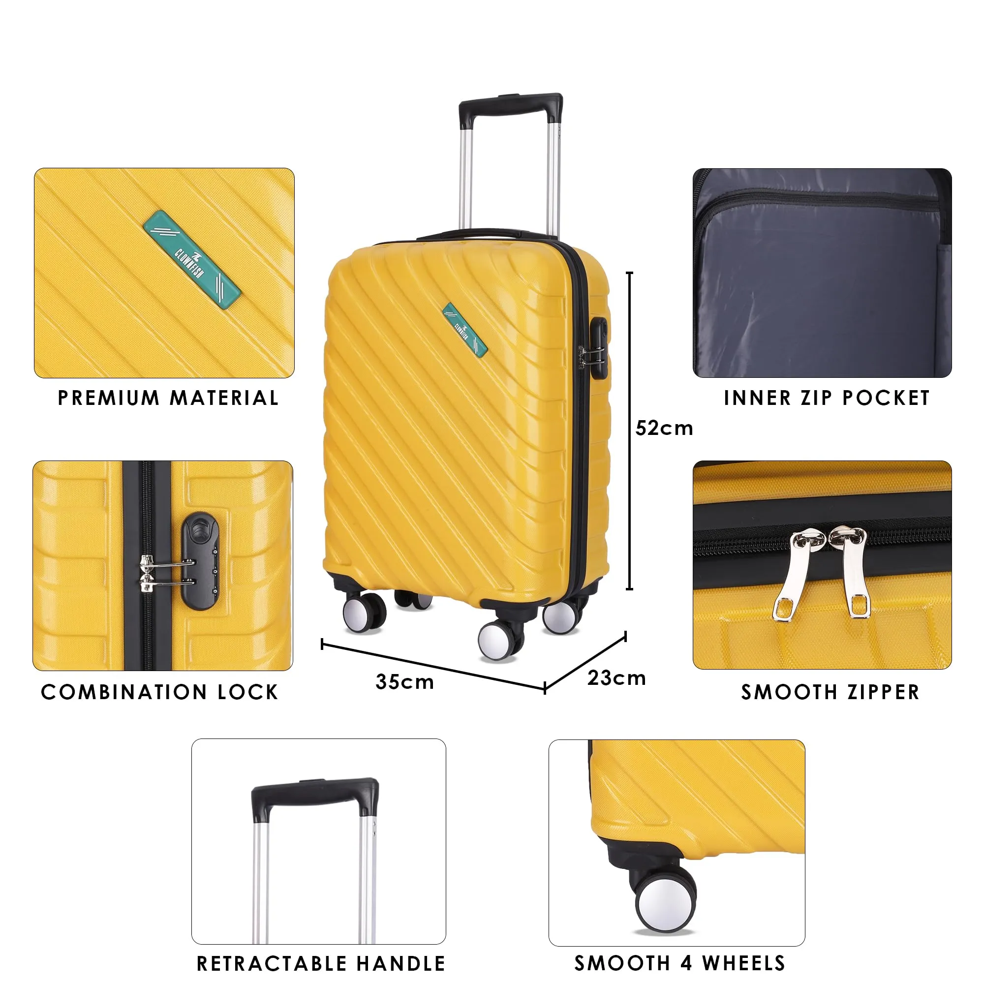 THE CLOWNFISH Wanderwheels Series Luggage ABS Hard Case Suitcase Eight Wheel Trolley Bag- Sunshine Yellow (52 cm- 20.5 inch)