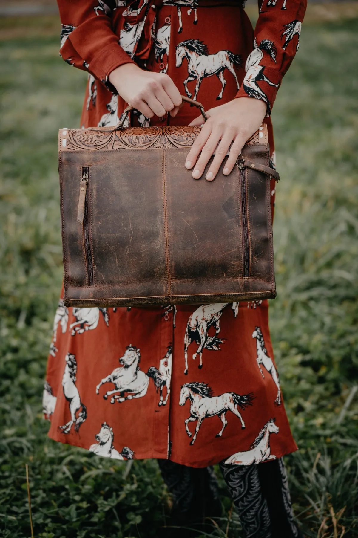 Tooled Leather Briefcase with White Buckstitch