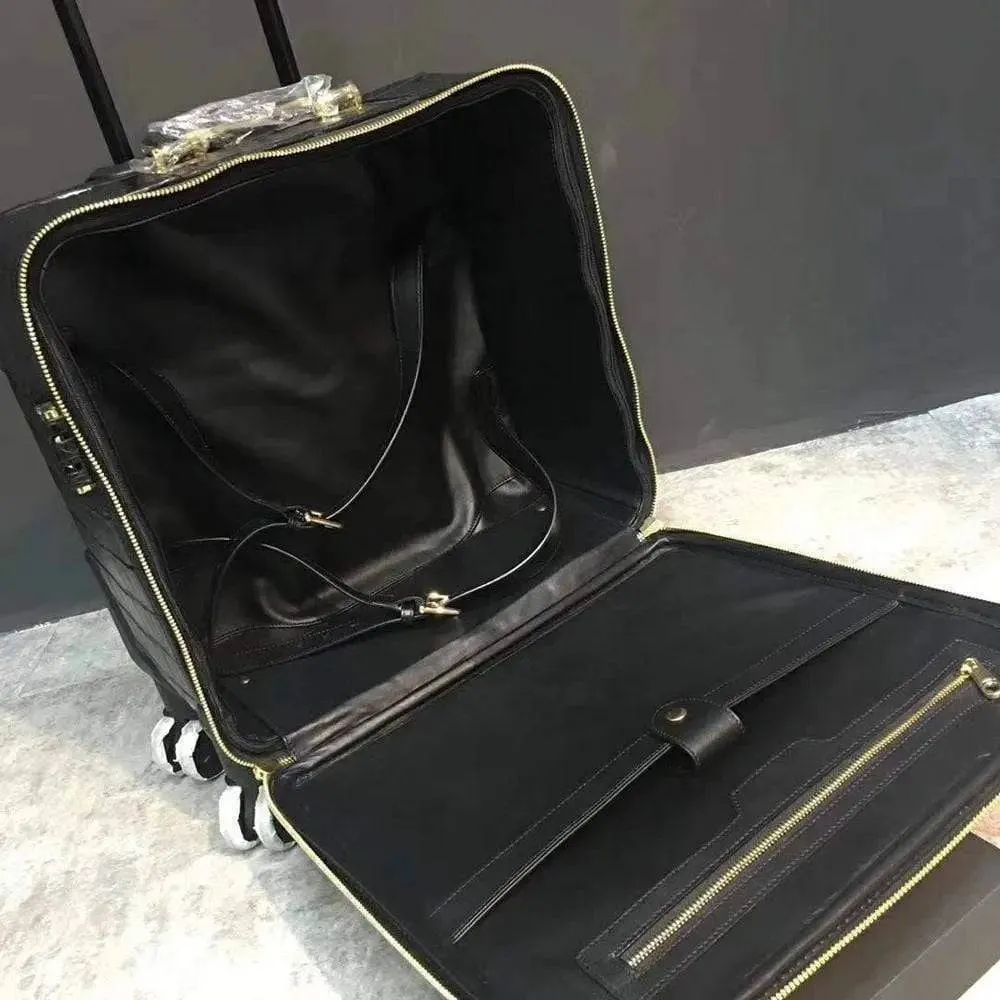 Trolley/Roll Aboard Suitcase Black Crocodile Belly Skin Leather Weekend/Travel Bag Trolley Case Universal Wheels Box Suitcase Pull Case