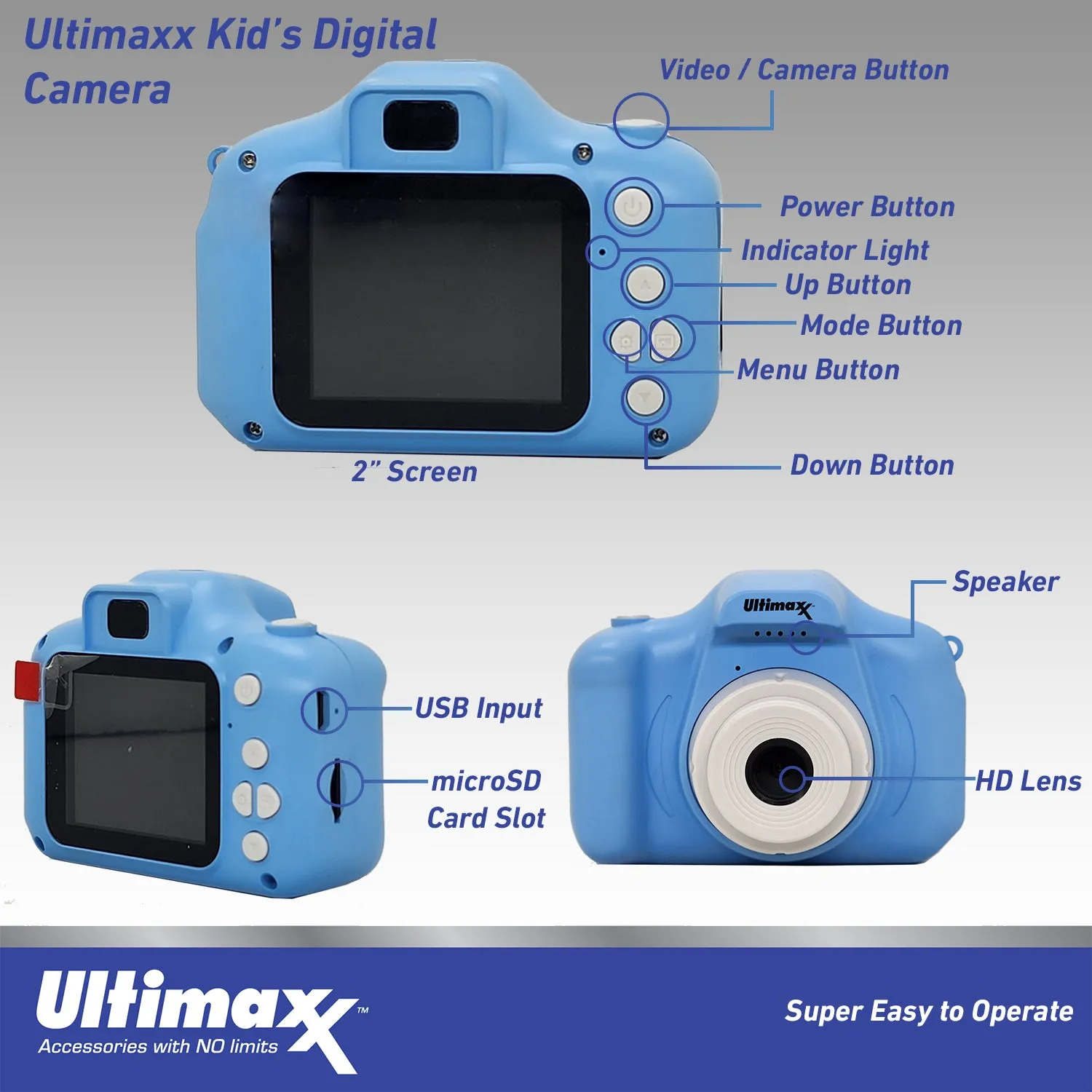 Ultimaxx Digital Video Recorder Kids Camera (Blue) 32GB Memory Holiday Gift Kit