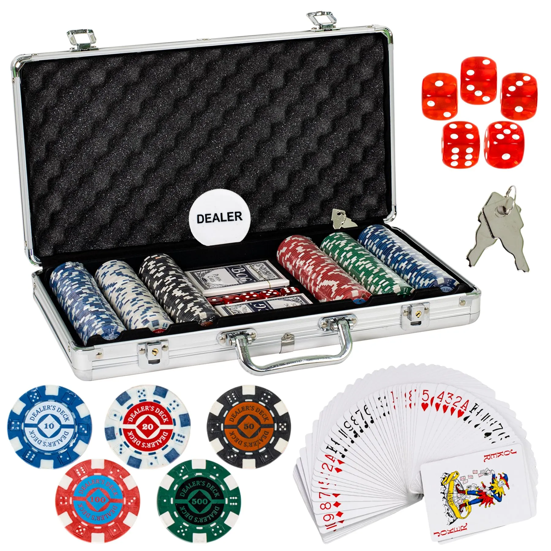 WISHKEY Casino Style Poker Set, 300 Pcs Ceramic Printed Denomination Chips with Lockable Aluminum Finish Case, 2 Decks of Cards, 5 Dice, 1 Dealer Button, 2 Keys, Classic Multiplayer Game, 14  Years