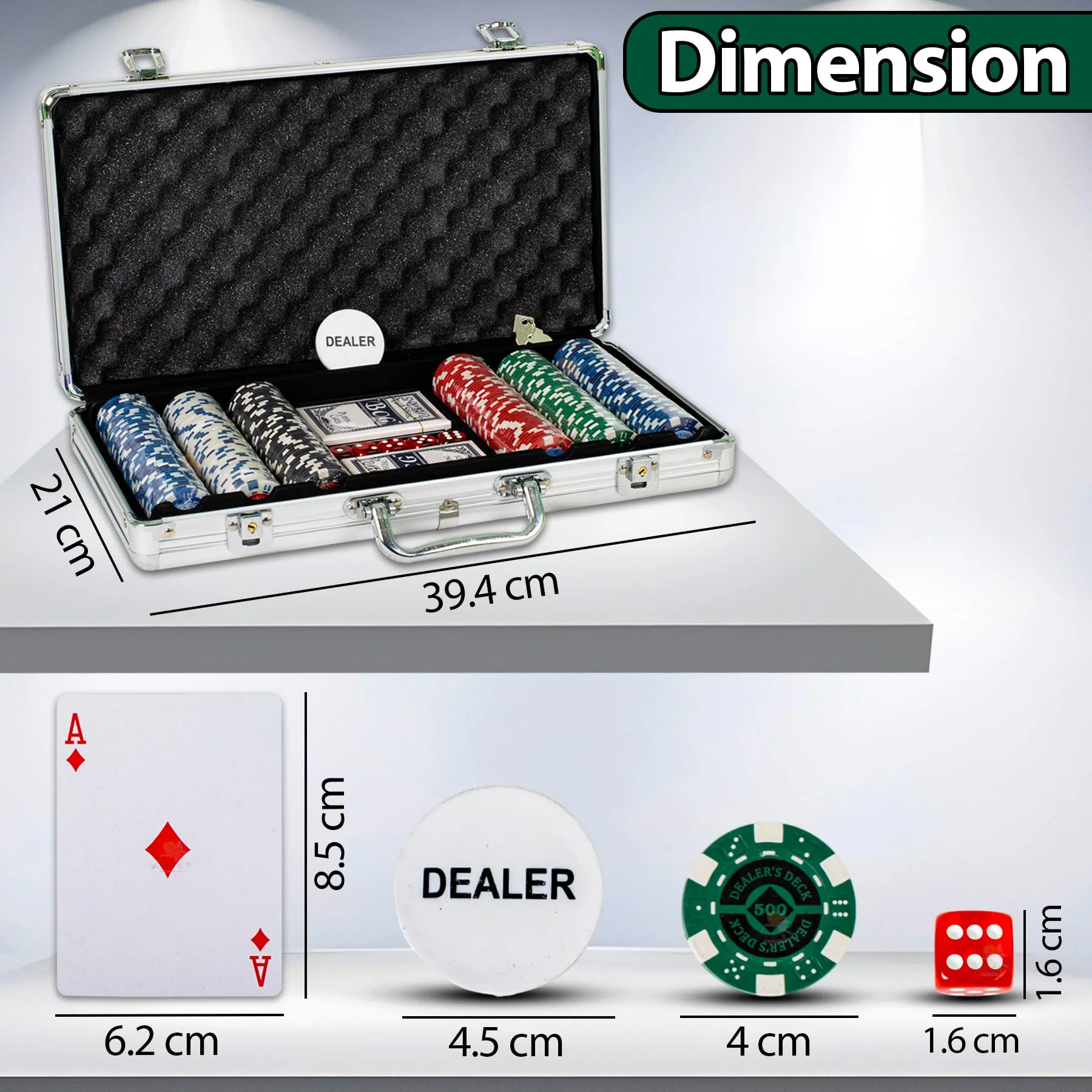 WISHKEY Casino Style Poker Set, 300 Pcs Ceramic Printed Denomination Chips with Lockable Aluminum Finish Case, 2 Decks of Cards, 5 Dice, 1 Dealer Button, 2 Keys, Classic Multiplayer Game, 14  Years