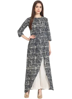 Women Blue Printed 3/4Th Sleeve Cotton Assymetric Kurta