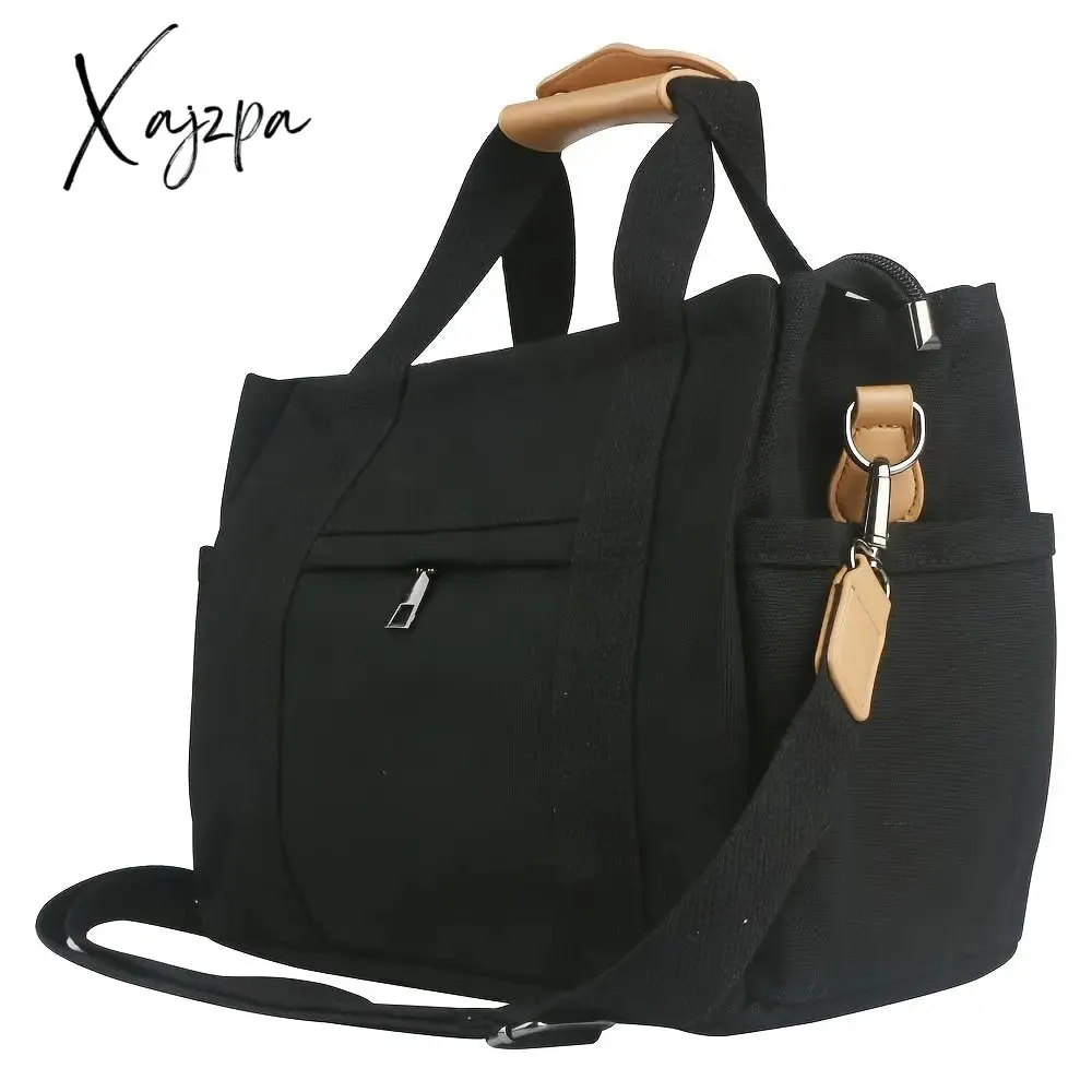 Women's Casual Canvas Crossbody Tote Bag With Multiple Pockets, Adjustable Shoulder Strap, Versatile Handbag For Daily Use