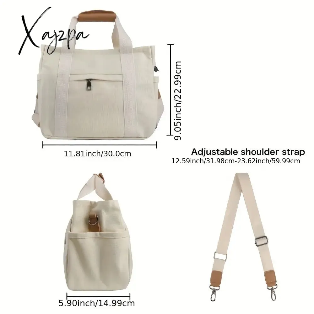 Women's Casual Canvas Crossbody Tote Bag With Multiple Pockets, Adjustable Shoulder Strap, Versatile Handbag For Daily Use