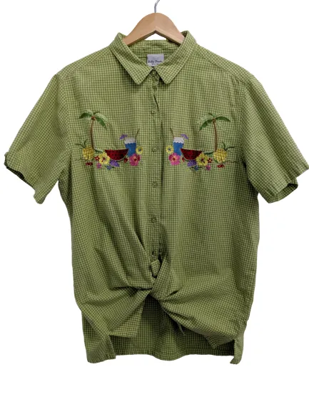 [XL] Embroidered Fruit Gingham Button-Up