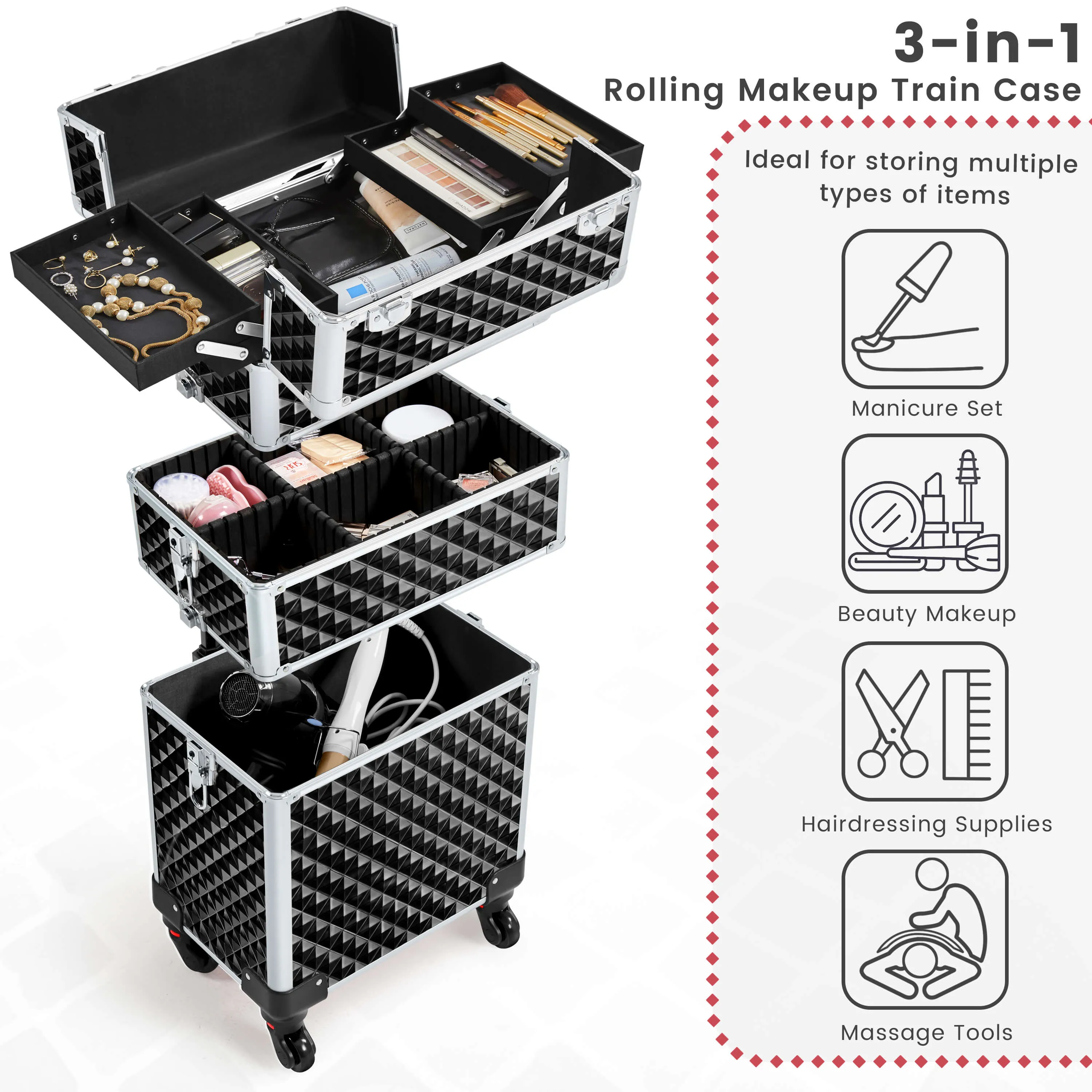 Yaheetech 3-in-1 Rolling Makeup Train Case