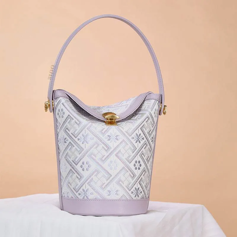 Zhuang Brocade Leather Bucket Crossbody Bag Romantic Purple